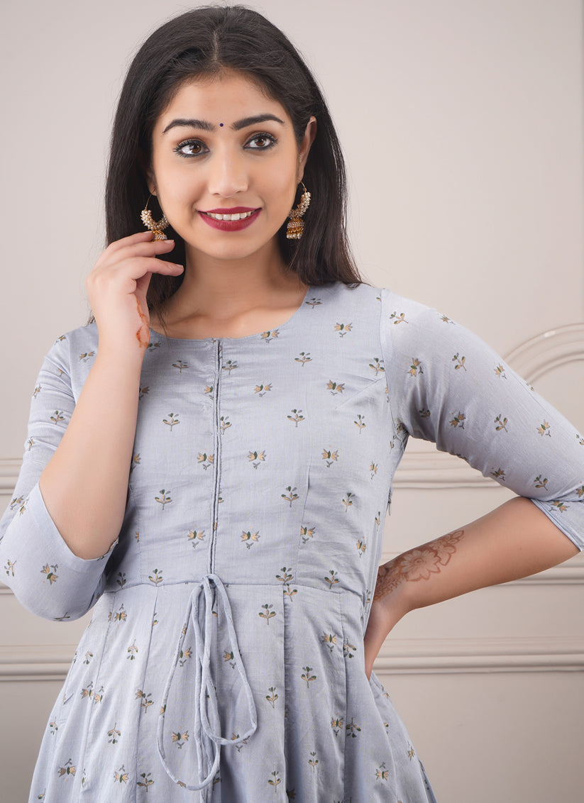 Grey Chanderi Foil Print Gown