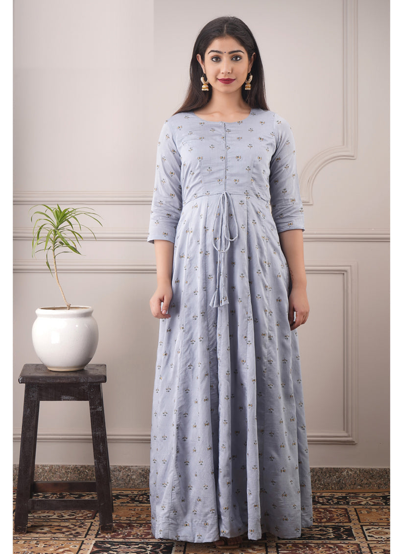 Grey Chanderi Foil Print Gown