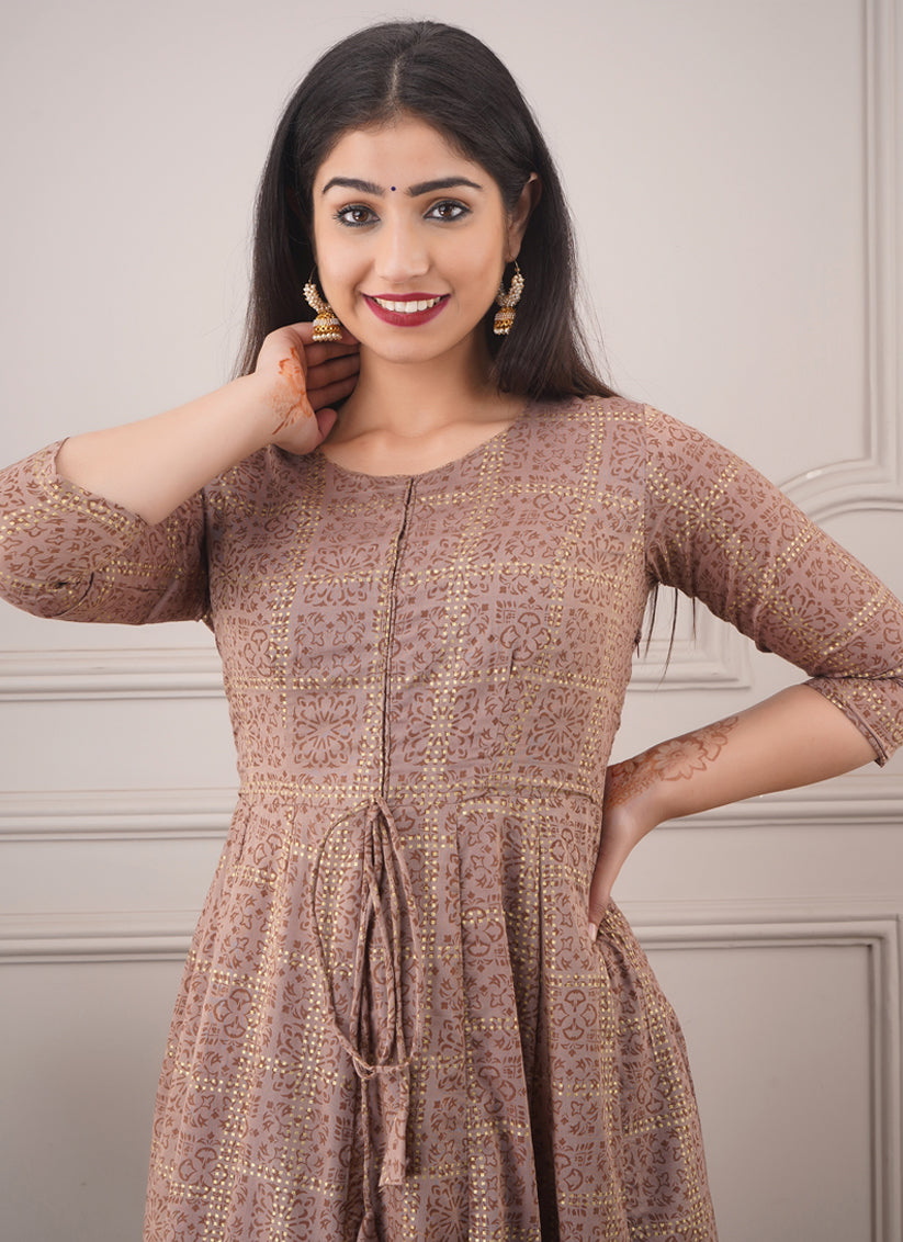Beige Brown Chanderi Foil Print Gown