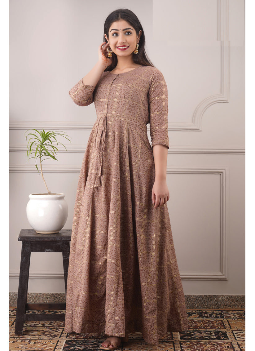 Beige Brown Chanderi Foil Print Gown