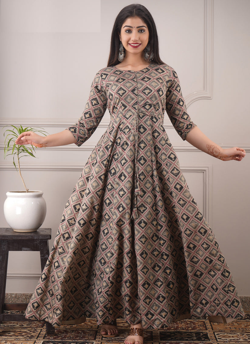 Dusty Beige Chanderi Foil Print Gown