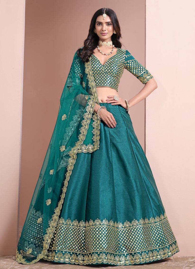 firozi art silk embroidered lehenga choli for wedding
