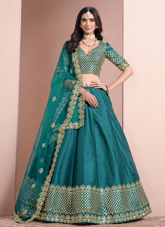 firozi art silk embroidered lehenga choli for wedding