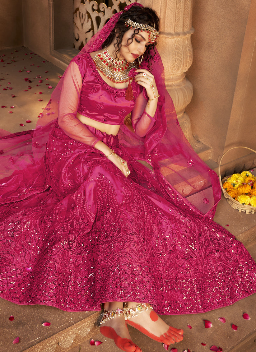 Fuchsia Net Embroidered Designer Lehenga Choli