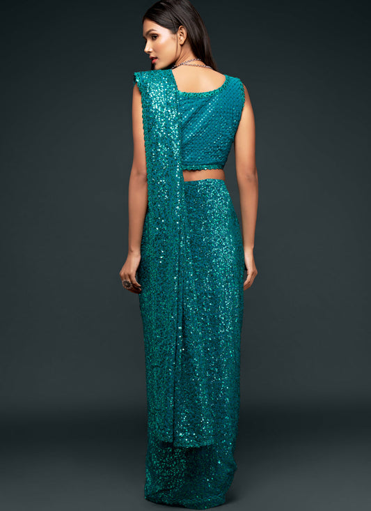 Charismatic Teal Blue Georgette Thread and Sequins Embroidery Saree
