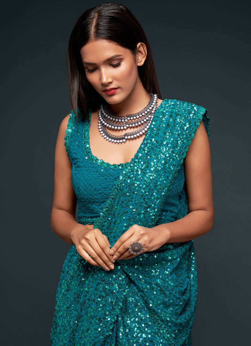 Charismatic Teal Blue Georgette Thread and Sequins Embroidery Saree