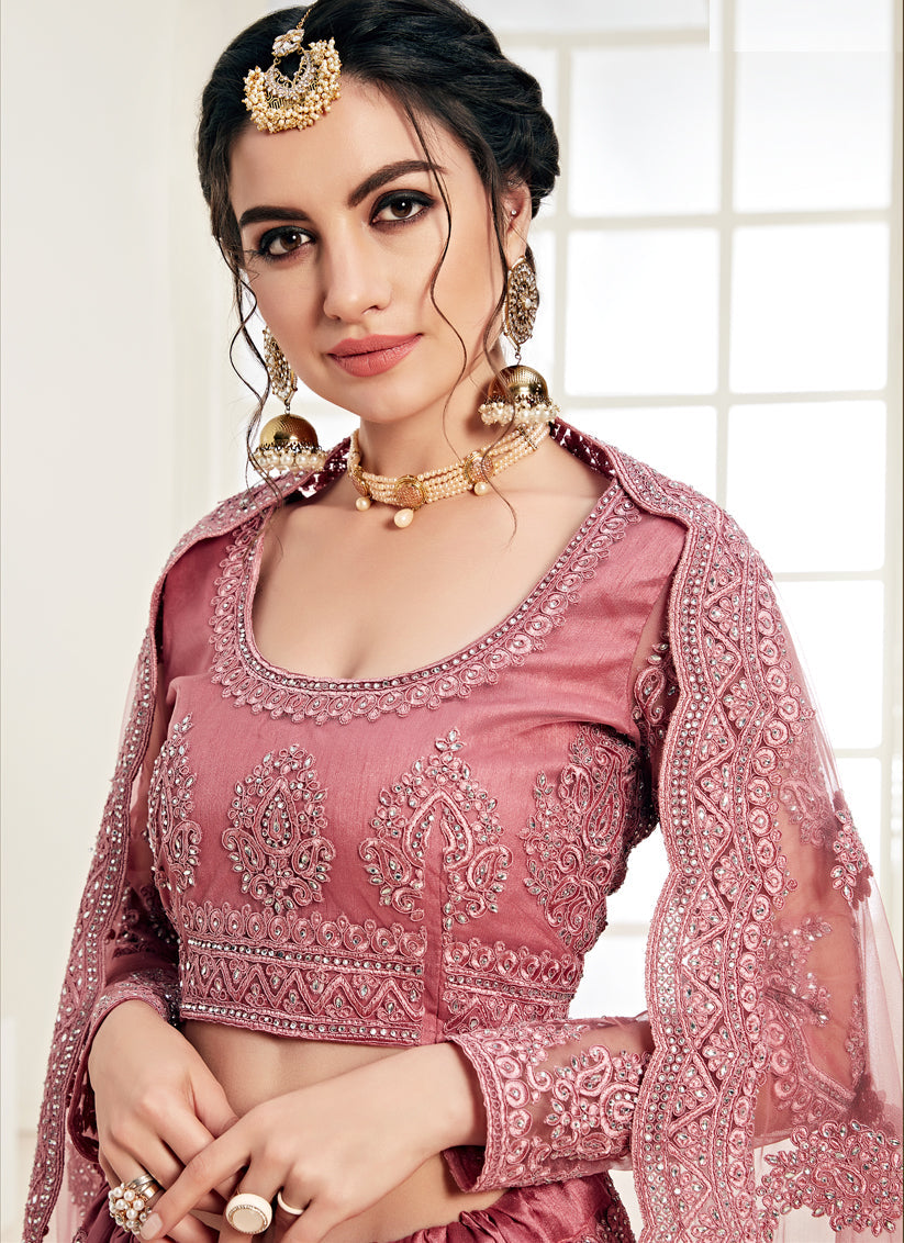 Dashing Old Rose Net Embroidered Designer Lehenga Choli