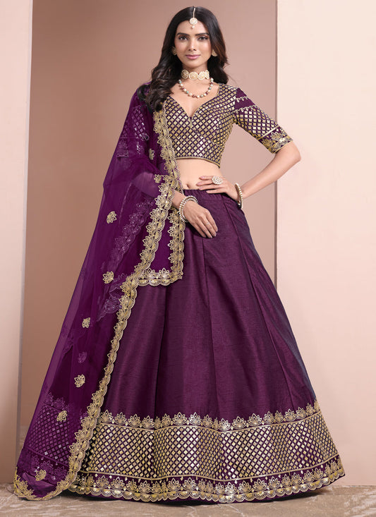 wine art silk embroidered lehenga choli for wedding