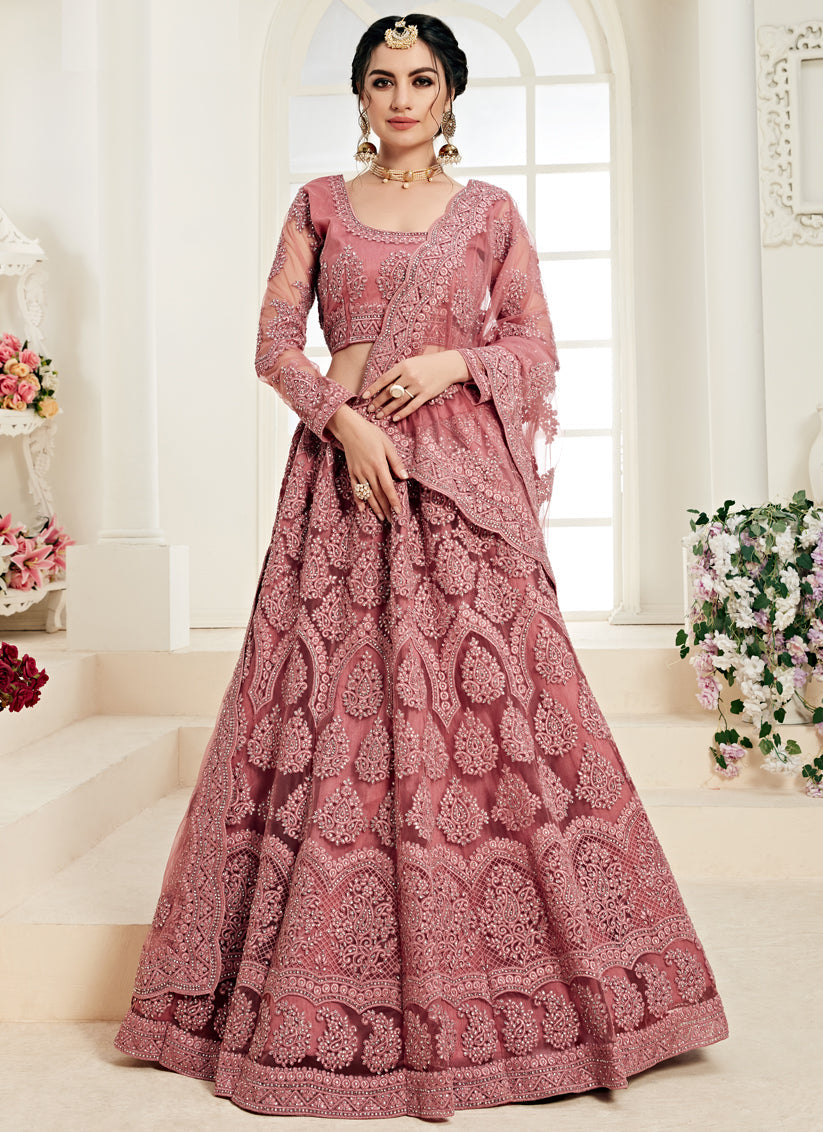 Dashing Old Rose Net Embroidered Designer Lehenga Choli