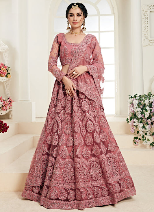 Dashing Old Rose Net Embroidered Designer Lehenga Choli