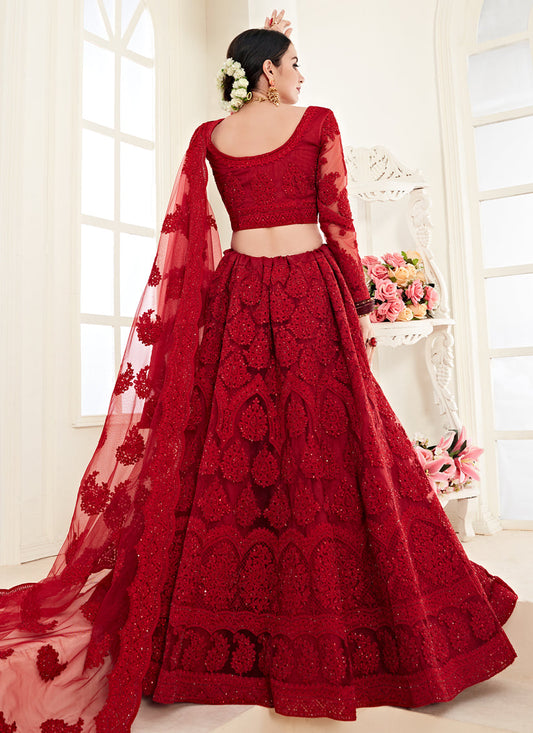 Vibrant Scarlet Red Net Embroidered Designer Lehenga Choli