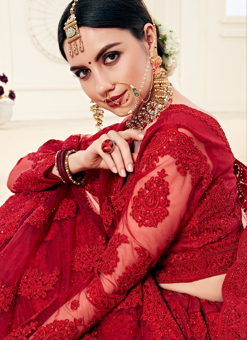 Vibrant Scarlet Red Net Embroidered Designer Lehenga Choli