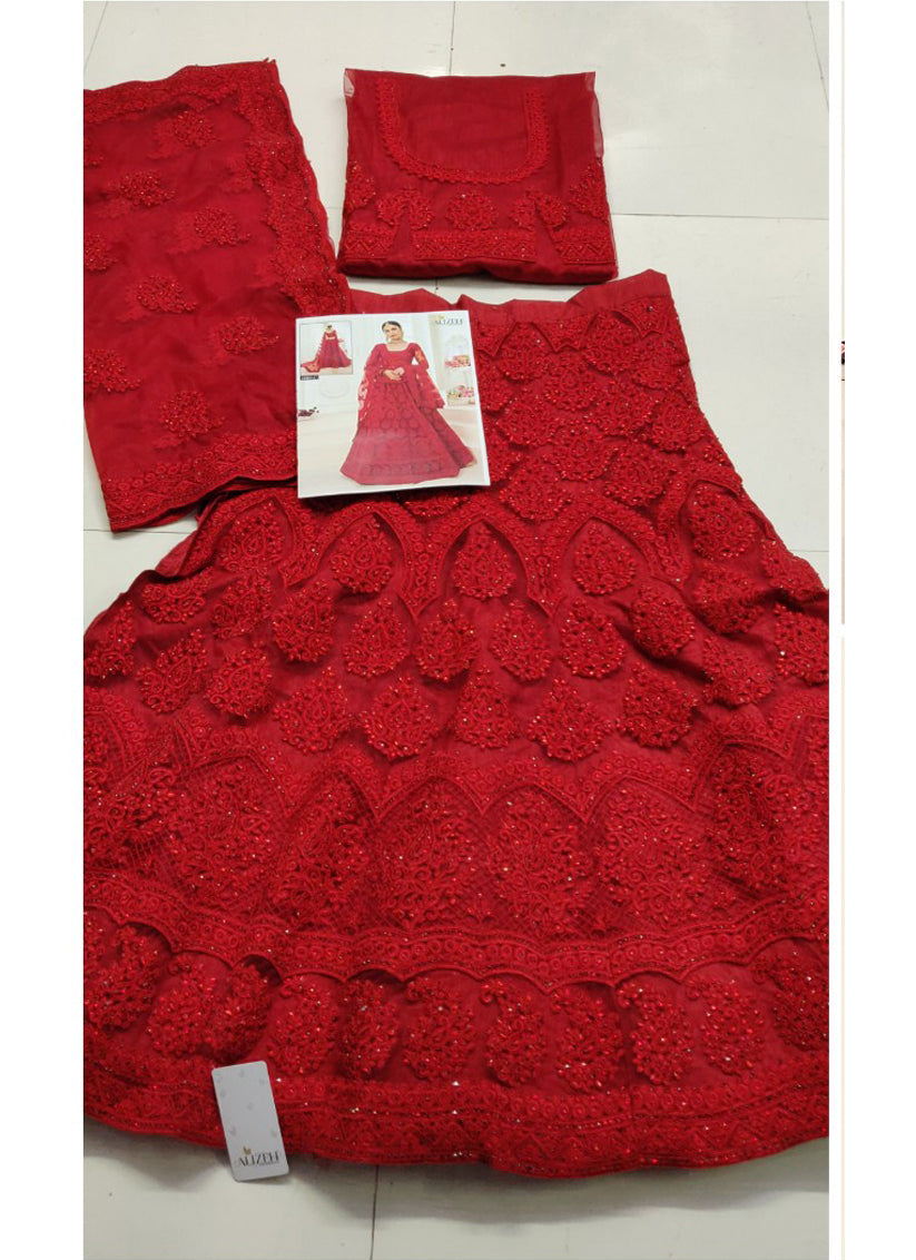 Vibrant Scarlet Red Net Embroidered Designer Lehenga Choli