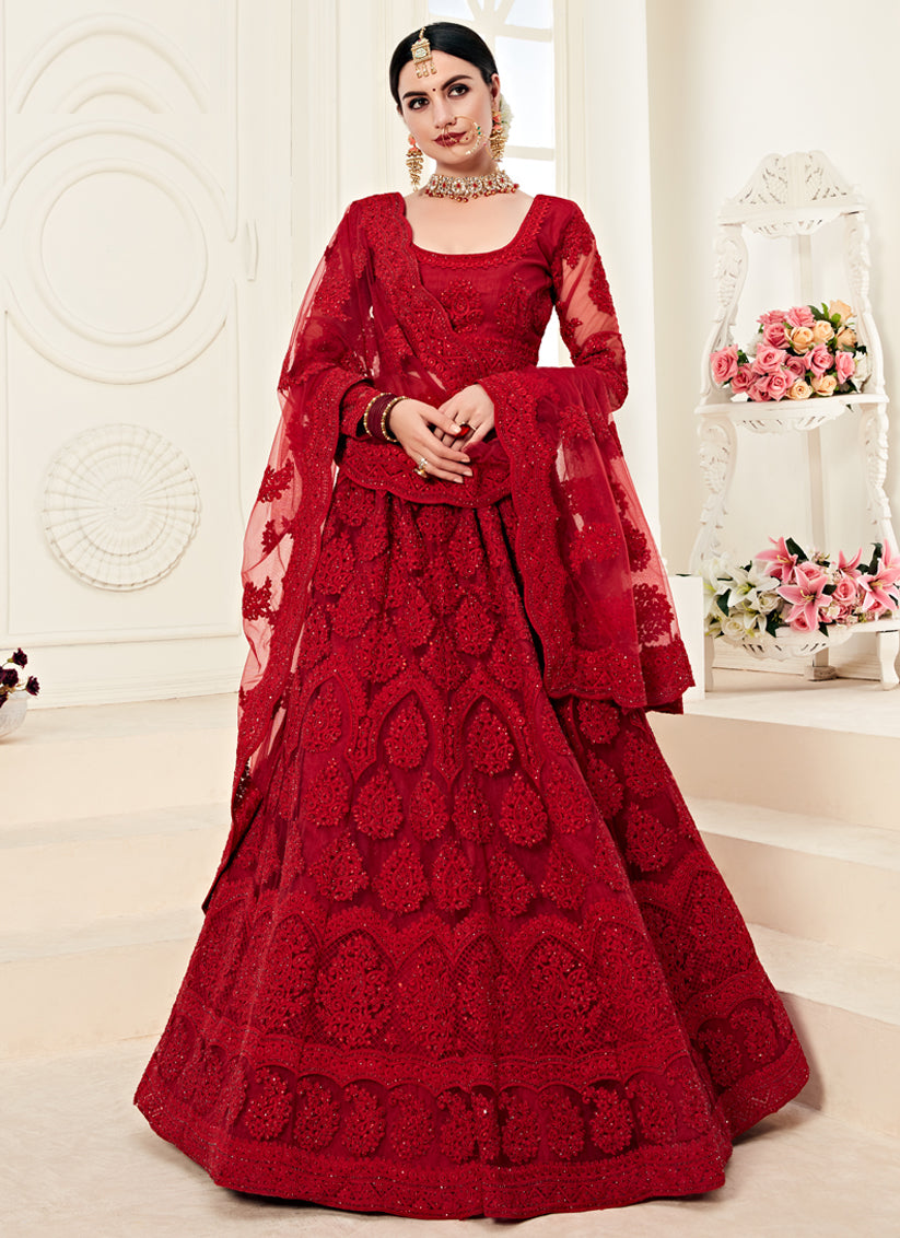 Vibrant Scarlet Red Net Embroidered Designer Lehenga Choli