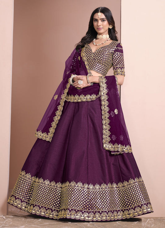 wine art silk embroidered lehenga choli for wedding