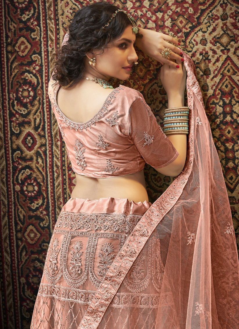 Rose Taupe Net Embroidered Designer Lehenga Choli