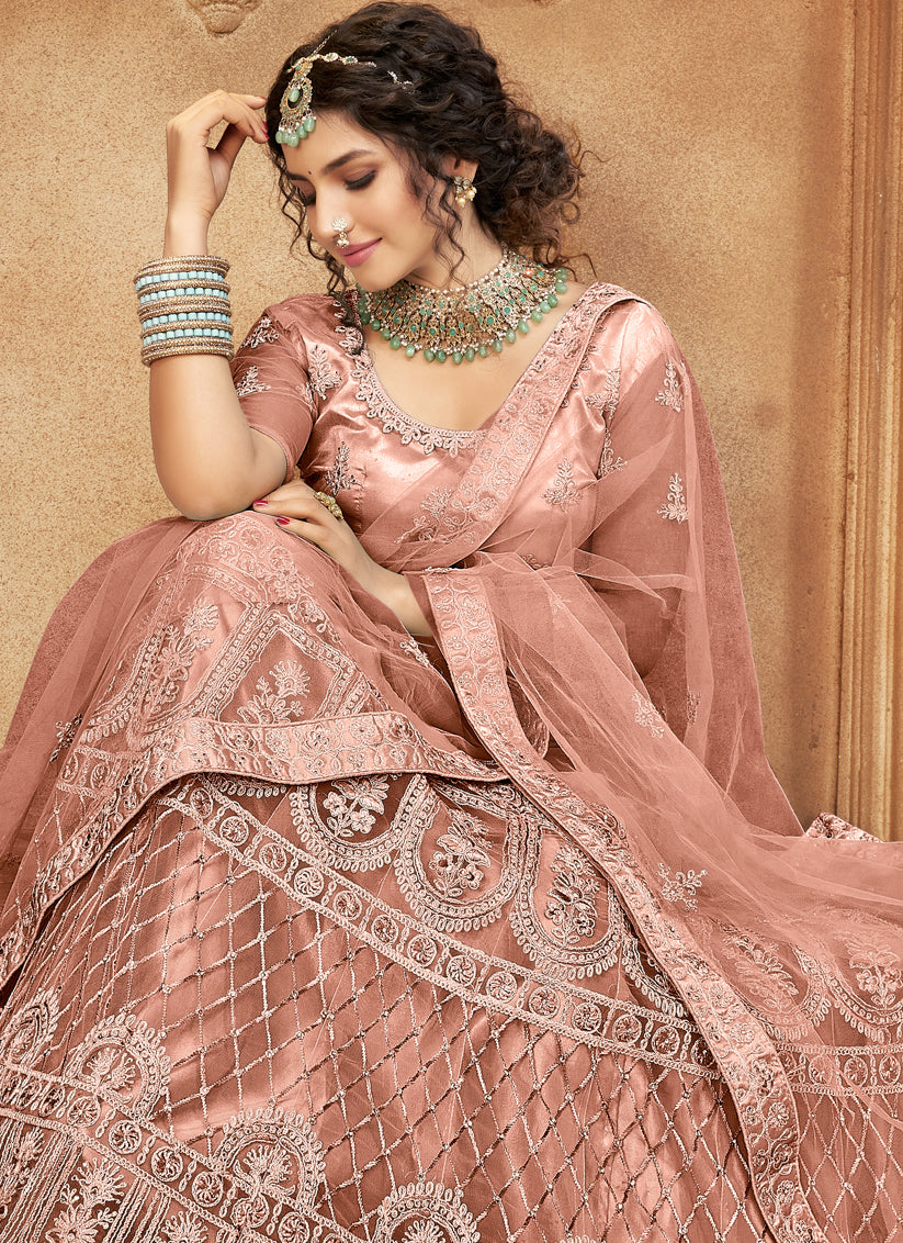 Rose Taupe Net Embroidered Designer Lehenga Choli
