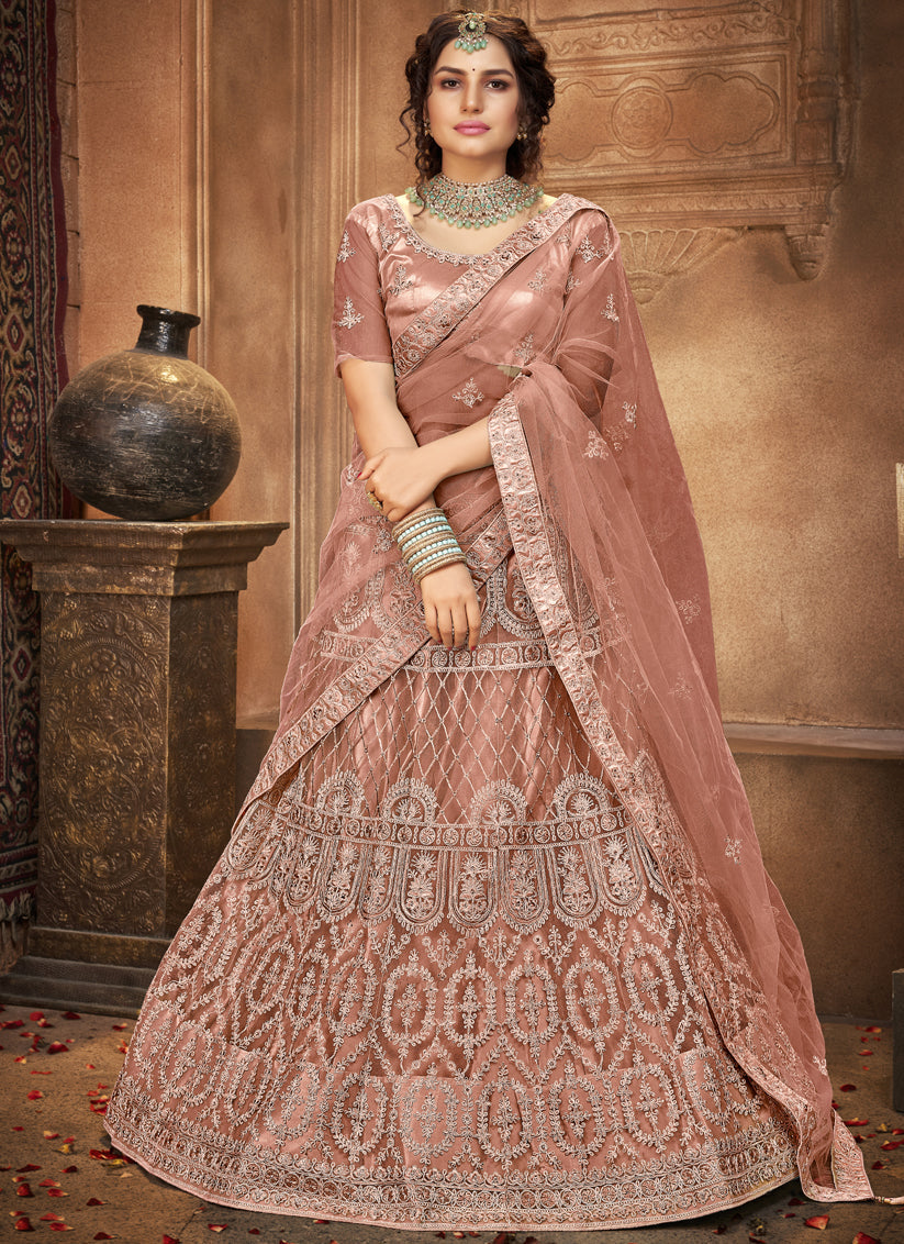 Rose Taupe Net Embroidered Designer Lehenga Choli