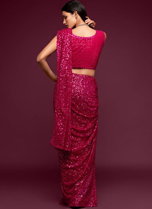 Spectacular Hot Pink Georgette Thread and Sequins Embroidery Saree