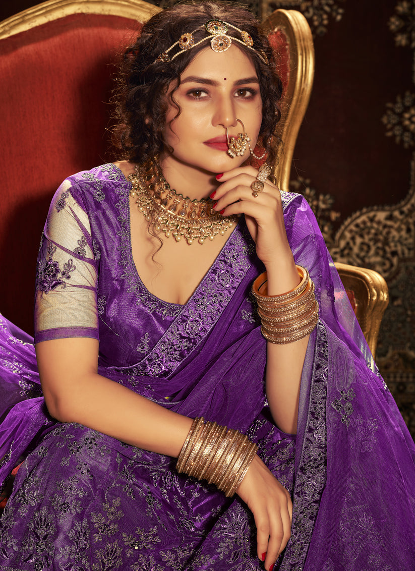 Purple Net Embroidered Designer Lehenga Choli