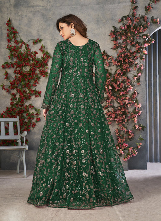 Bottle Green Net Embroidered Pant Kameez