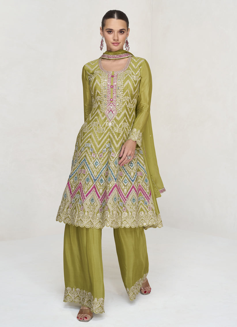 Lime Green Chinnon Embroidered Palazzo Kameez