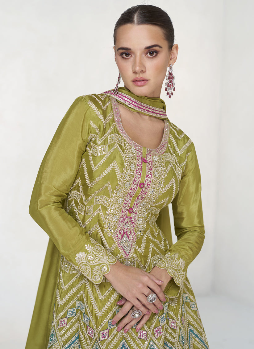 Lime Green Chinnon Embroidered Palazzo Kameez