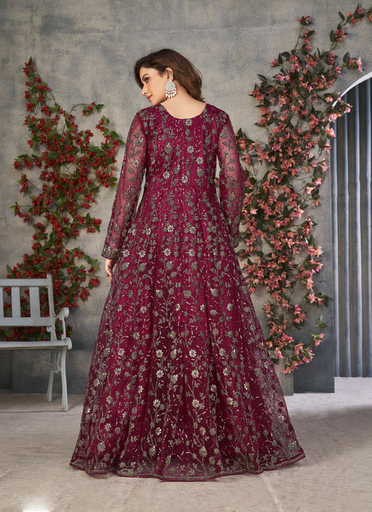Maroon Net Embroidered Pant Kameez
