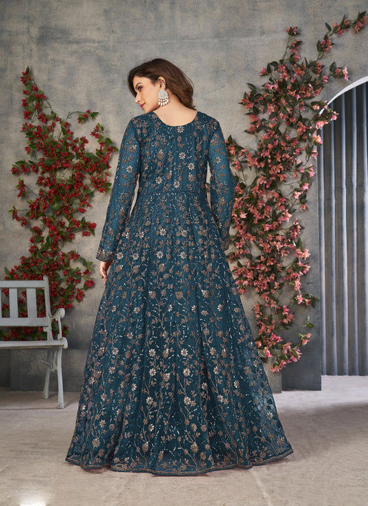 Peacock Blue Net Embroidered Pant Kameez