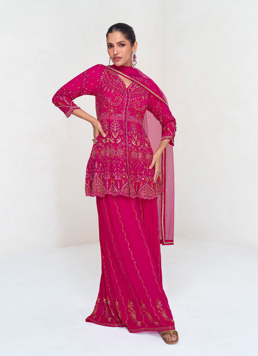 Rani Pink Real Georgette Embroidered Sharara Kameez Suit