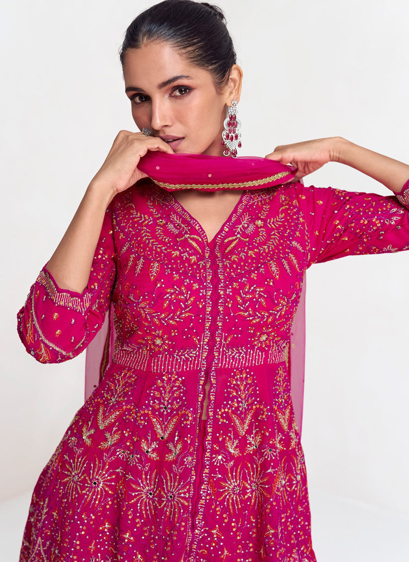 Rani Pink Real Georgette Embroidered Sharara Kameez Suit