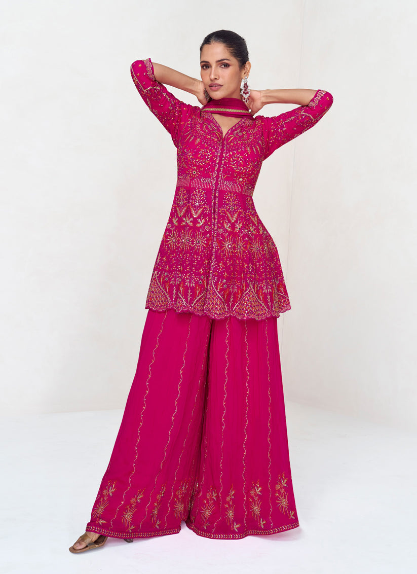 Rani Pink Real Georgette Embroidered Sharara Kameez Suit