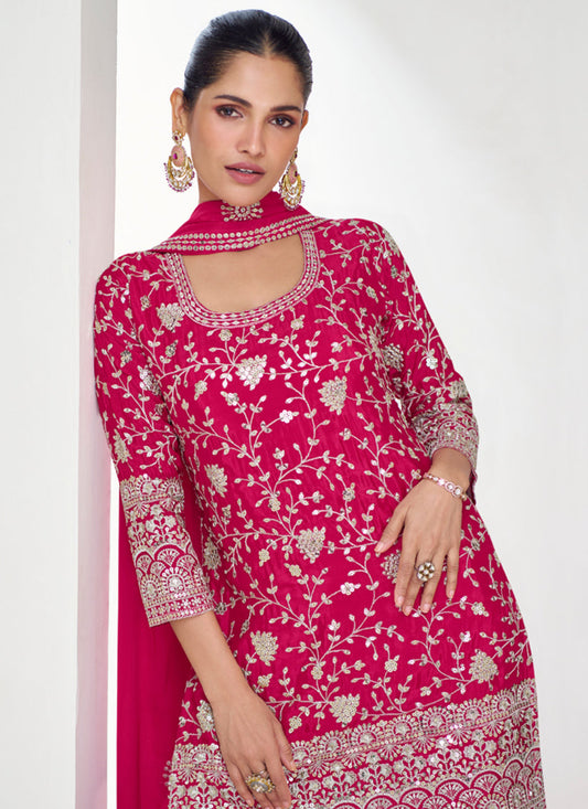 Rani Pink Chinnon Silk Designer Sharara Kameez Suit