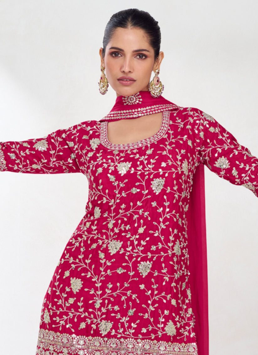 Rani Pink Chinnon Silk Designer Sharara Kameez Suit