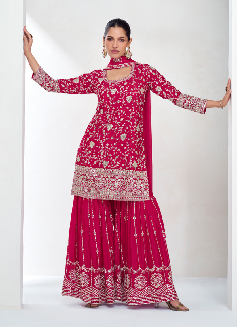 Rani Pink Chinnon Silk Designer Sharara Kameez Suit