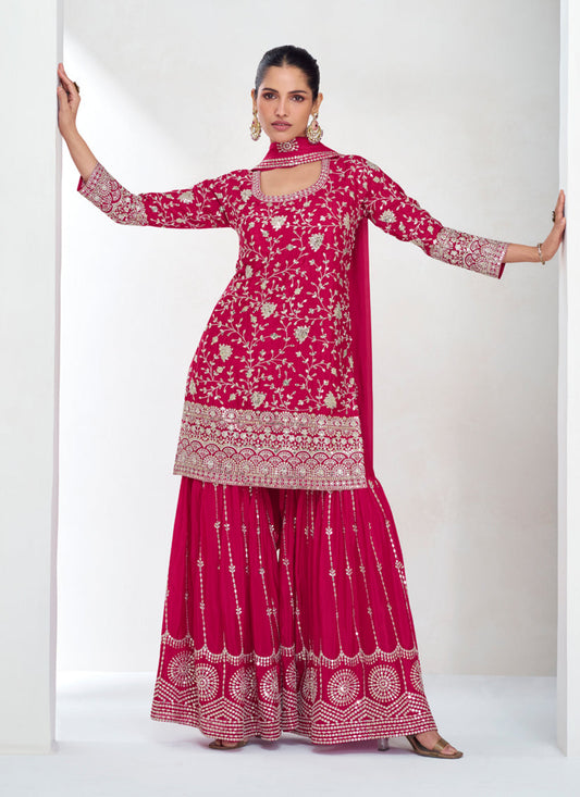 Rani Pink Chinnon Silk Designer Sharara Kameez Suit