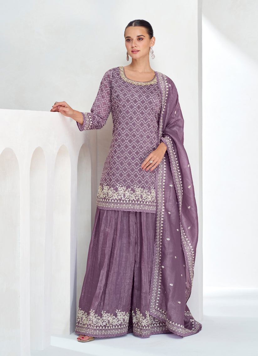 Mauve Chinnon Silk Designer Sharara Kameez Suit