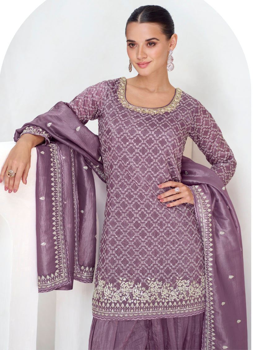 Mauve Chinnon Silk Designer Sharara Kameez Suit