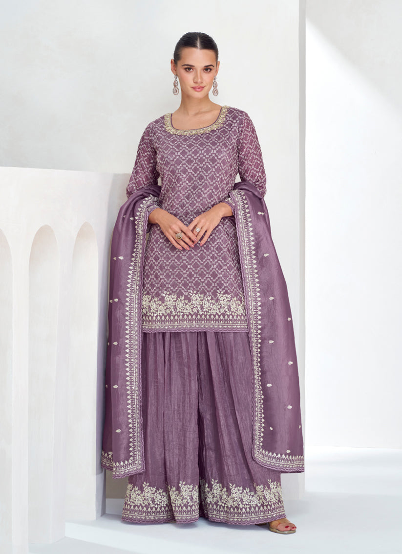 Mauve Chinnon Silk Designer Sharara Kameez Suit
