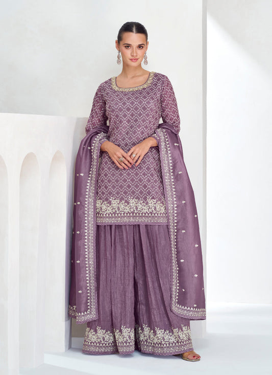 Mauve Chinnon Silk Designer Sharara Kameez Suit