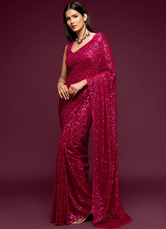 Spectacular Hot Pink Georgette Thread and Sequins Embroidery Saree