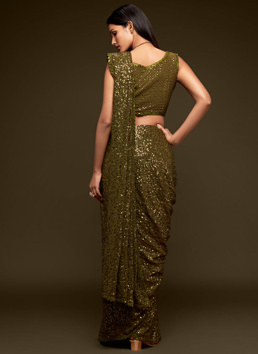 Astonishing Olive Green Georgette Thread and Sequins Embroidery Saree