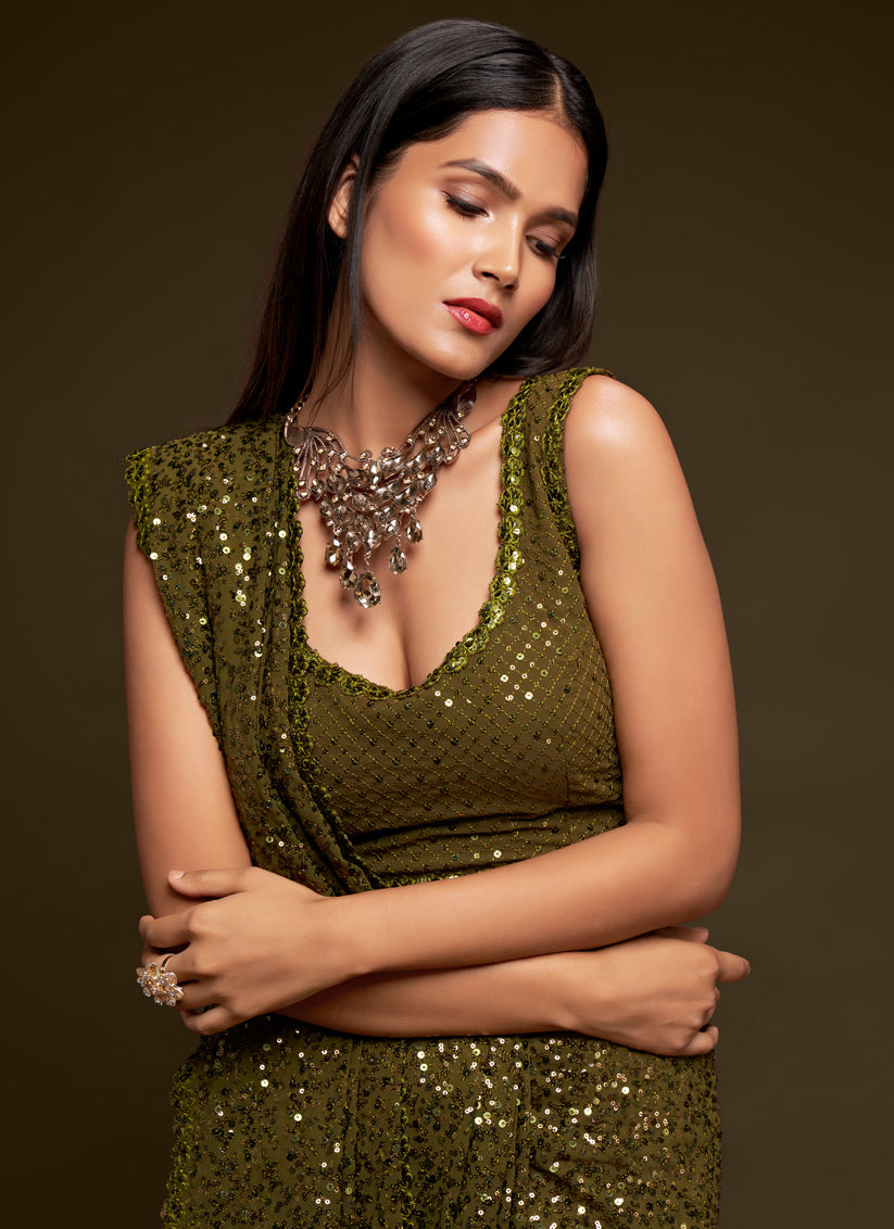 Astonishing Olive Green Georgette Thread and Sequins Embroidery Saree