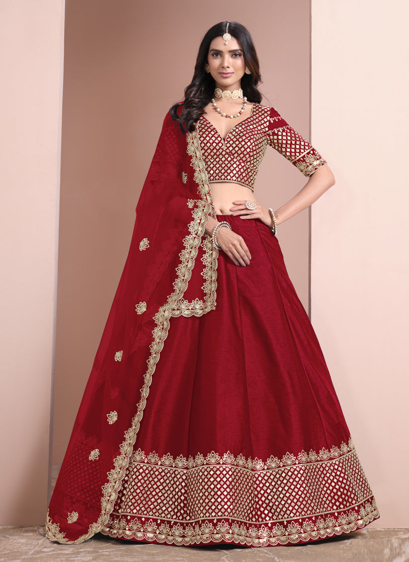 rust red art silk embroidered lehenga choli for wedding