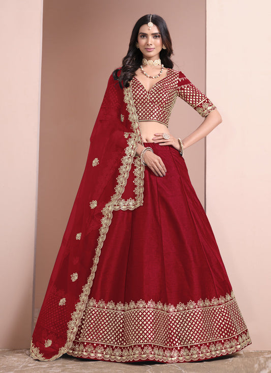 rust red art silk embroidered lehenga choli for wedding