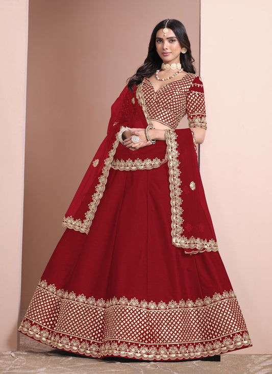 rust red art silk embroidered lehenga choli for wedding