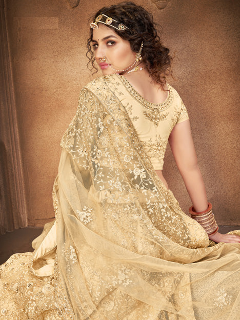Beige Net Embroidered Designer Lehenga Choli