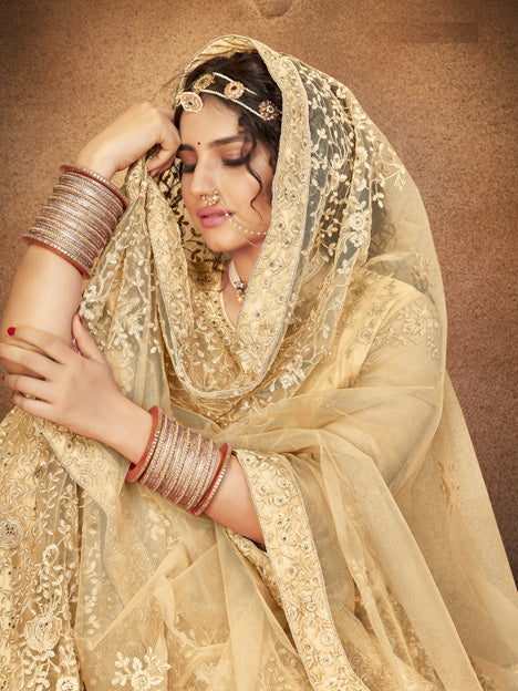 Beige Net Embroidered Designer Lehenga Choli
