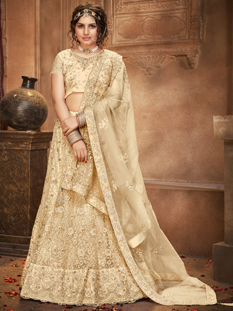 Beige Net Embroidered Designer Lehenga Choli