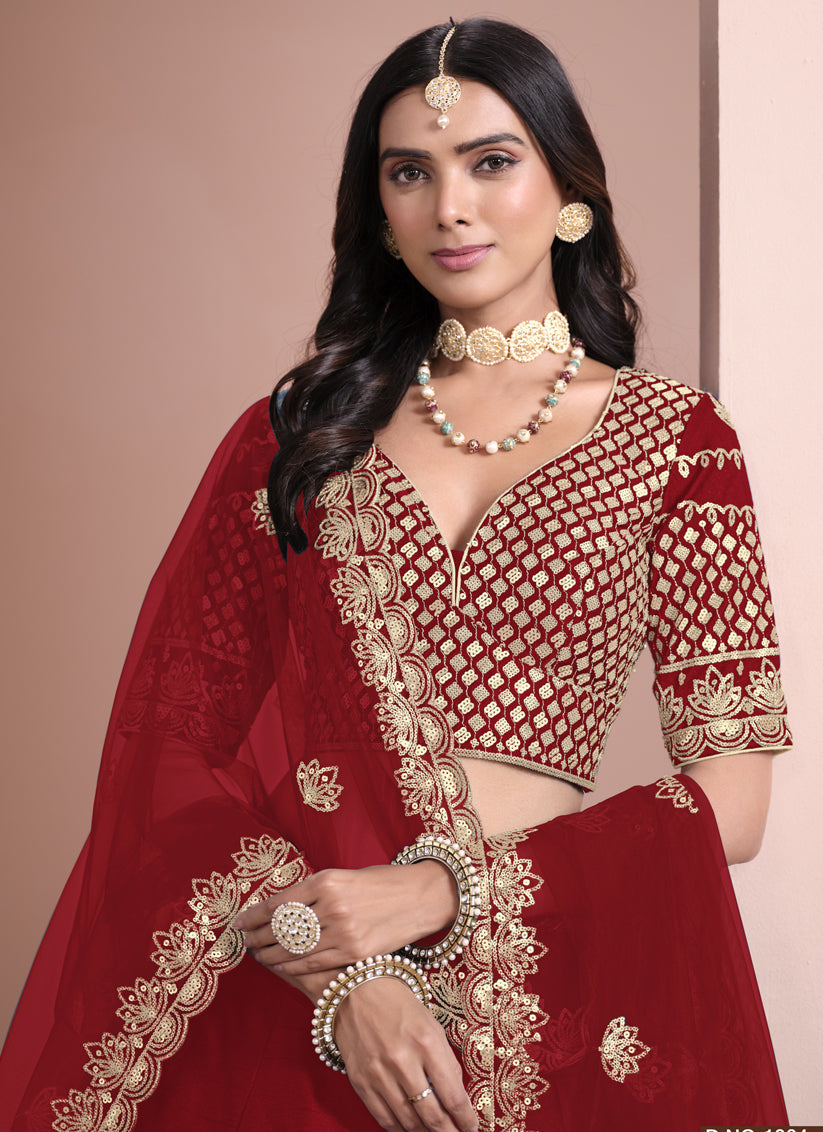 rust red art silk embroidered lehenga choli for wedding